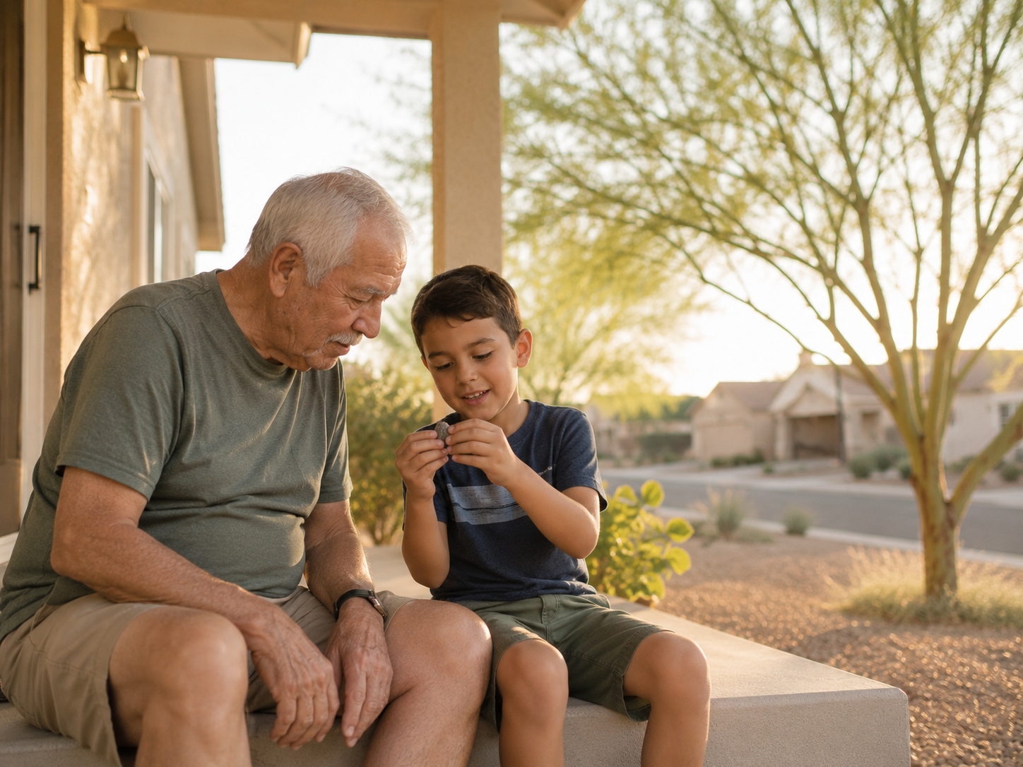 A grandfather and his grandson sitting together on a porch
