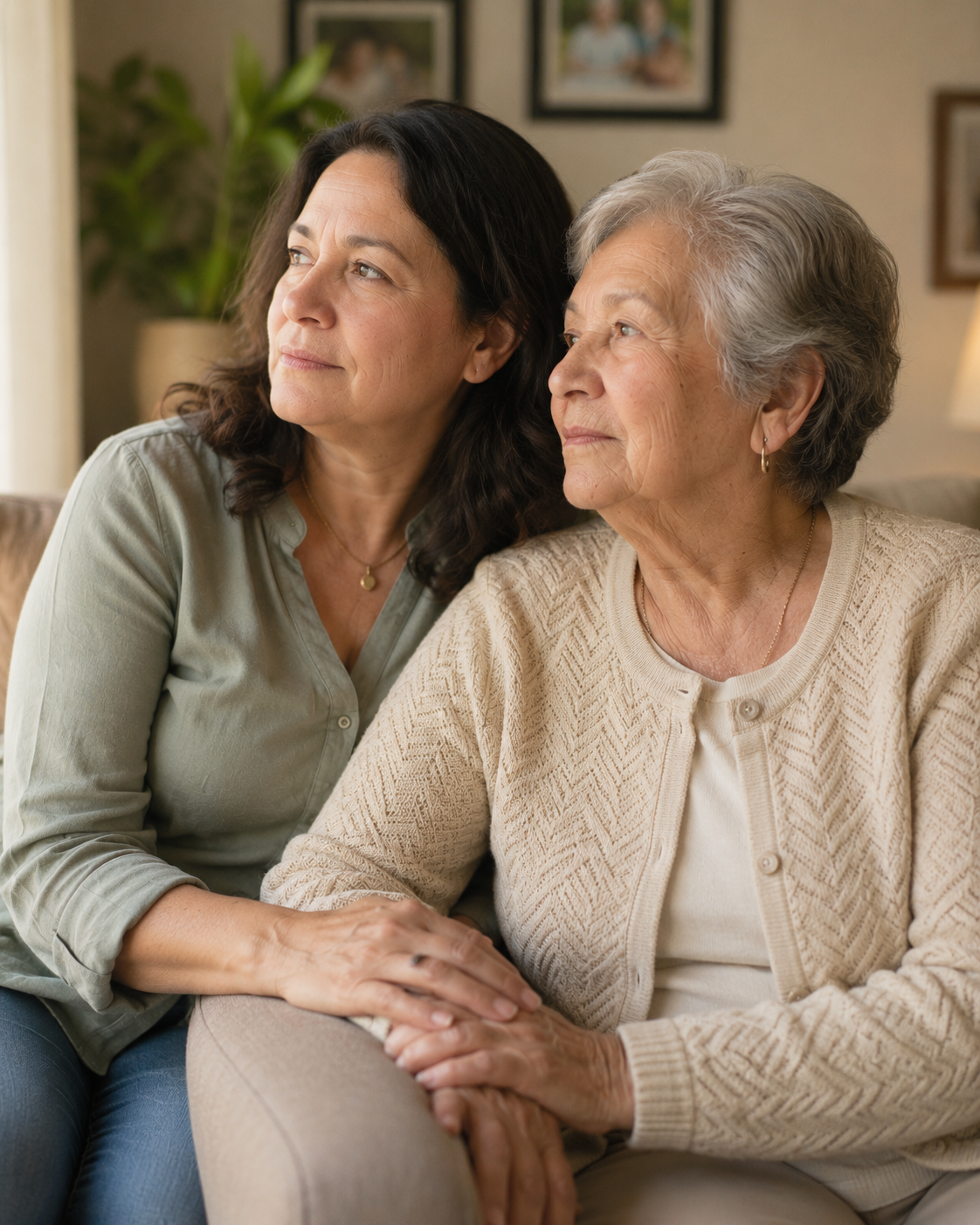A daughter sitting with her mother at home