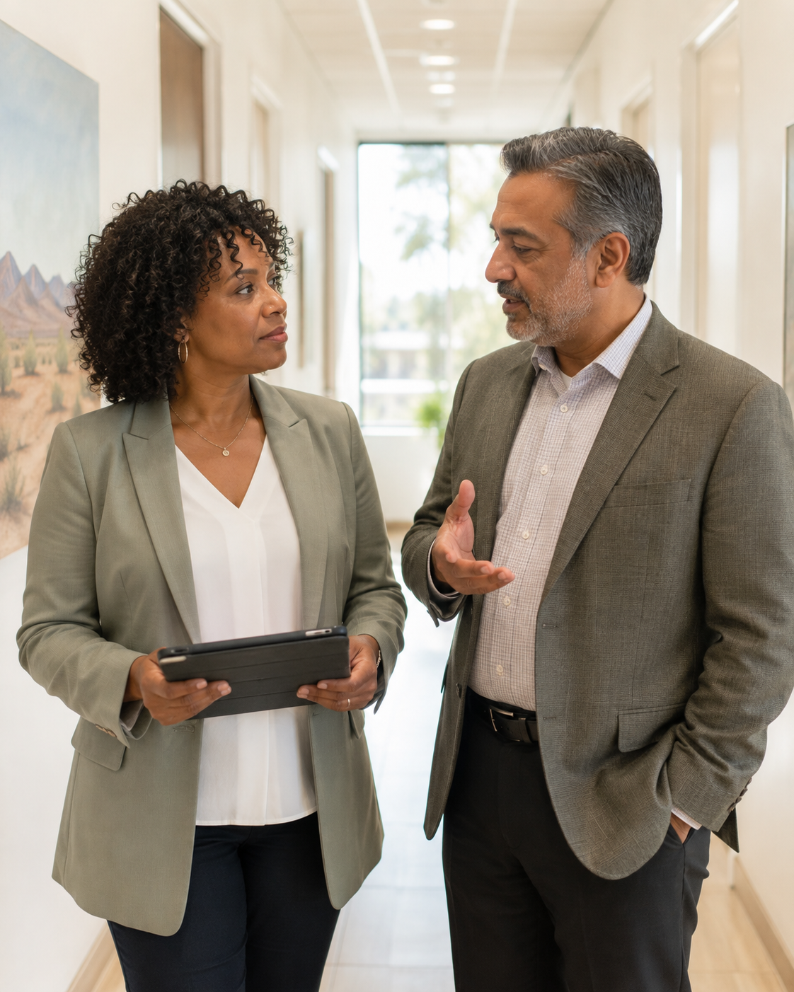 Two healthcare professionals in conversation in an office corridor